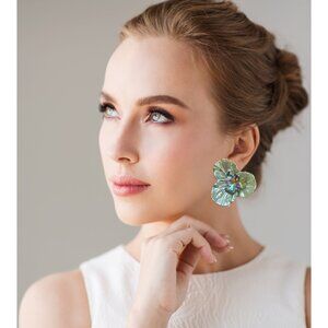 Vintage 80s Flower Earrings with Crystal Center, Retro Floral Jewelry